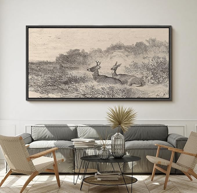 SIGNFORD Extra Large Framed Canvas Vintage Deer Meadow Landscape Illustrations Modern Art Calm Warm for Living Room, Bedroom, Office - 60"x30"