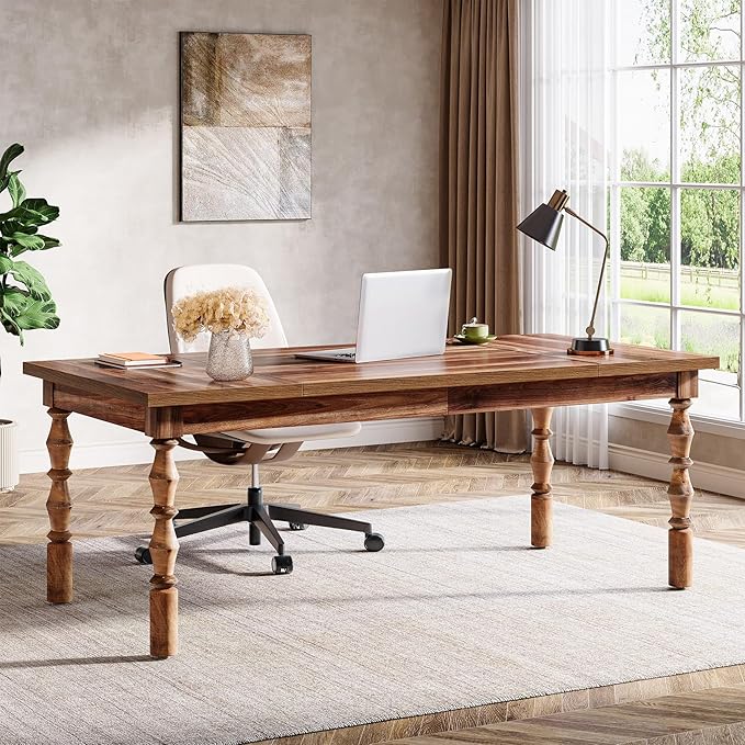 Tribesigns Large Executive Office Desk, 62.2-Inch Farmhouse Modern Computer Desk, Mid Century Study Writing Table Workstations Business Office Furniture with Carved Turned Legs (Walnut)