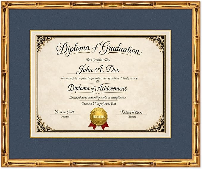 Diploma Frame Gold Bamboo with Navy Blue Over Gold Double Mat - Fits 17 x 13 International Diploma Wall Display Made in the USA