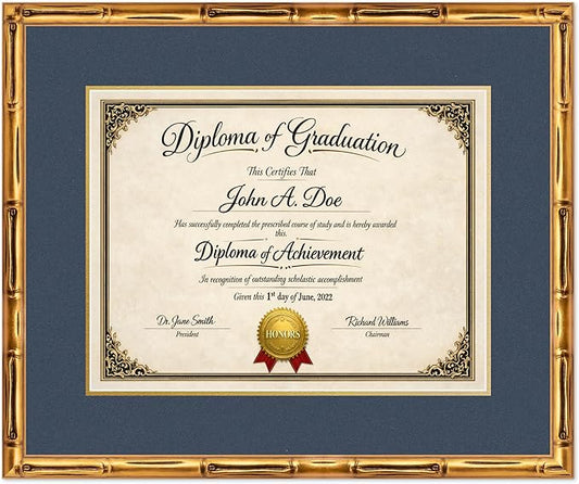 Diploma Frame Gold Bamboo with Navy Blue Over Gold Double Mat - Fits 17 x 13 International Diploma Wall Display Made in the USA