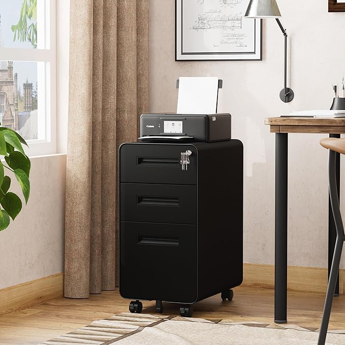 3 Drawers Slim File Cabinet, Mobile Filing Cabinet with Lock, Steel, Fully Assembled Except Casters, for Home Office, for A4, Letter, Legal File Folders, Black