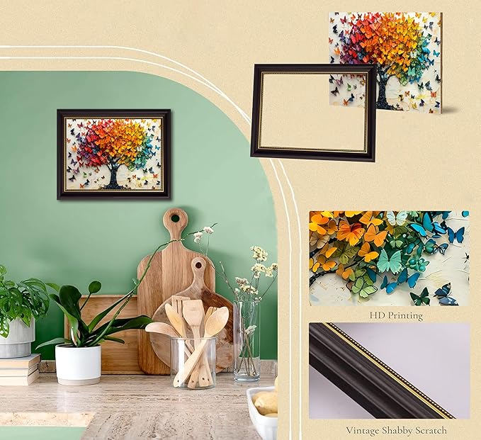 Vintage Dark Brown Framed Wall Art Colorful Butterfly Tree Painting Picture Wall Decor Tree of Life Picture Poster Print Artwork for Wall Living Room Bathroom Bedroom Home Decoration