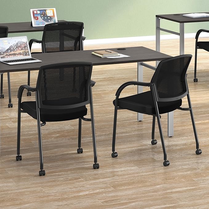HON Lota Office Chair, Black Guest Seat with Arms and Casters, Mesh Back, Fabric | for Lobby, Guests, and Offices