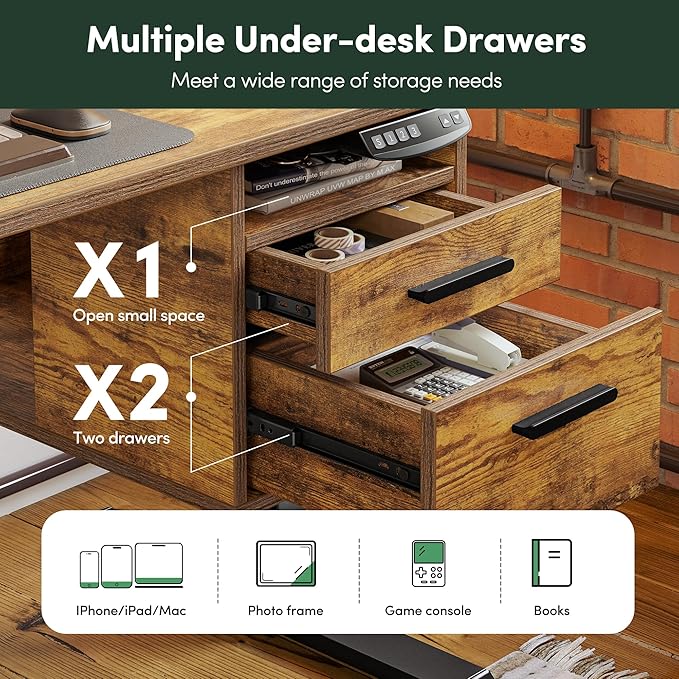 FEZIBO Standing Desk with Wood Drawers, 48" x 24" Electric Height Adjustable Table with Monitor Shelf, 3 Drawers and Open Storage, Computer Home Office Sit and Stand up Workstation, Rustic Brown