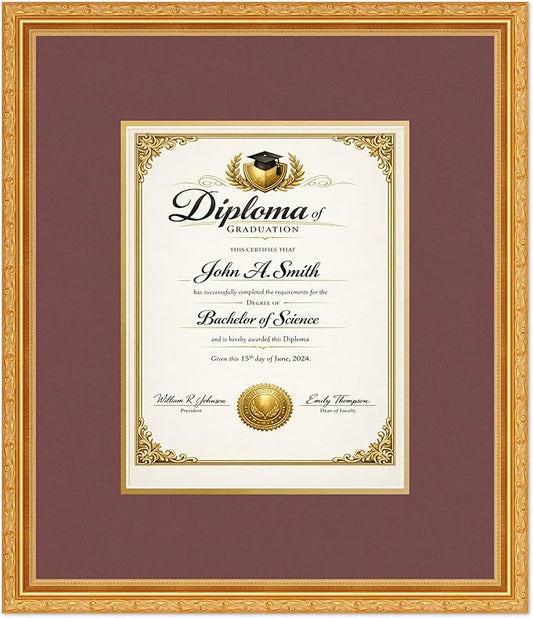 CountryArtHouse Diploma Frame Fits 8.5 x 11 Certificate (Portrait) - Keepsake Graduation Display Museum Gold Genuine Hardwood with Dark Red Over Metallic Gold Double mat