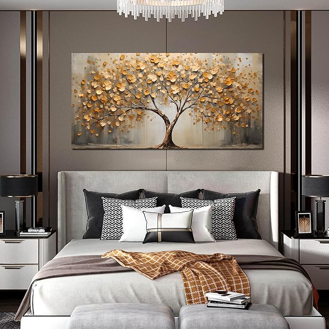 Gold Tree Pictures Wall Art for Living Room - Large Abstract Canvas Wall Art for Office - Modern Bedroom Decor for Wall Ready to Hang Size 29" x 59"