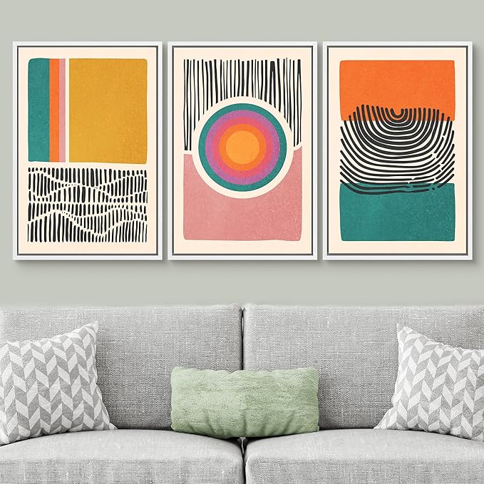 SIGNWIN Framed Canvas Print Wall Art Set Mid-Century Multicolor Color Block Shape Abstract Geometric Illustrations Graffiti & Street Art Modern Art for Living Room, Bedroom, Office - 24"x36"x3 White