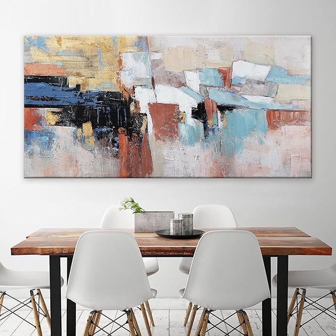 KUPTEU Canvas Wall Art Decor Large Wall Art For Living Room Abstract Art Blue Gold Wall Art Decor Large Canvas Art Work Colorful Abstract Wall Art Prints For Bedroom Office Kitchen Wall Decor 29"x58"