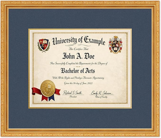 CountryArtHouse Diploma Frame Fits 13 x 10 College Diploma (Traditional) - Keepsake Graduation Display Museum Gold Genuine Hardwood with Navy Blue Over Metallic Gold Double mat
