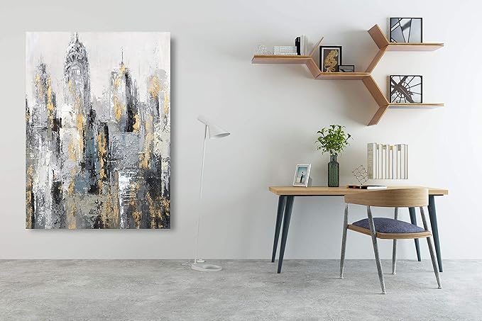 Yihui Arts Modern Large Abstract Cityscape Canvas Wall Art Painting with Gold Foil for Living Room Decoration