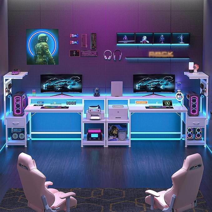 55" Gaming Desk with LED Lights & Outlets,Computer Desk with Drawers & Monitor Stand,Gaming Table with Storage Shelves & Printer Space for Game Room,Study Room,Home Office,Bedroom,White