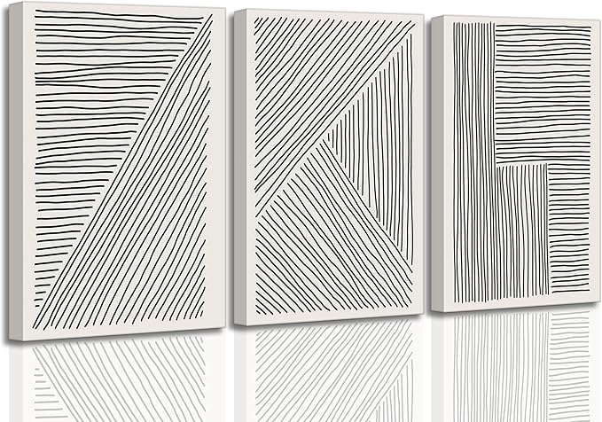3 Pieces Minimalism Abstract Boho Lines Canvas Wall Art Modern Black and White Neutral Bohemia Geometric Pictures Wall Decor Posters Print Artwork for Living Room Bedroom Office Home Decoration
