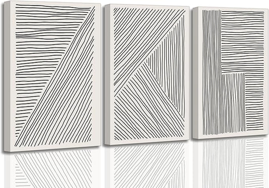 3 Pieces Minimalism Abstract Boho Lines Canvas Wall Art Modern Black and White Neutral Bohemia Geometric Pictures Wall Decor Posters Print Artwork for Living Room Bedroom Office Home Decoration