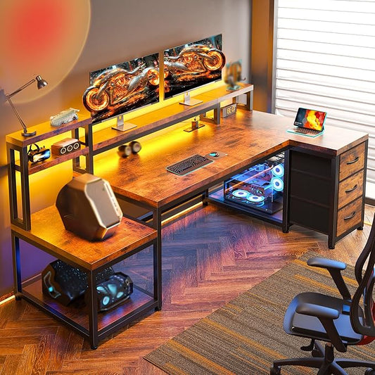 EnHomee 71" L Shaped Computer Desk with 3 Drawers & Hutch,Reversible Gaming Desk with LED Lights & Power Outlet,Home Office Desks with Monitor Stand & Printer Shelf for Student School Rustic Brown
