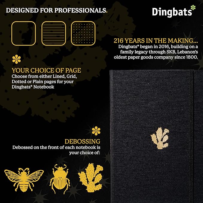 Dingbats* Pro Plain Large B5 Notebook - Black Textile Cover, Thread-Bound Writing Journal - for Work, Travel - Pocket, Elastic Closure, Bookmark