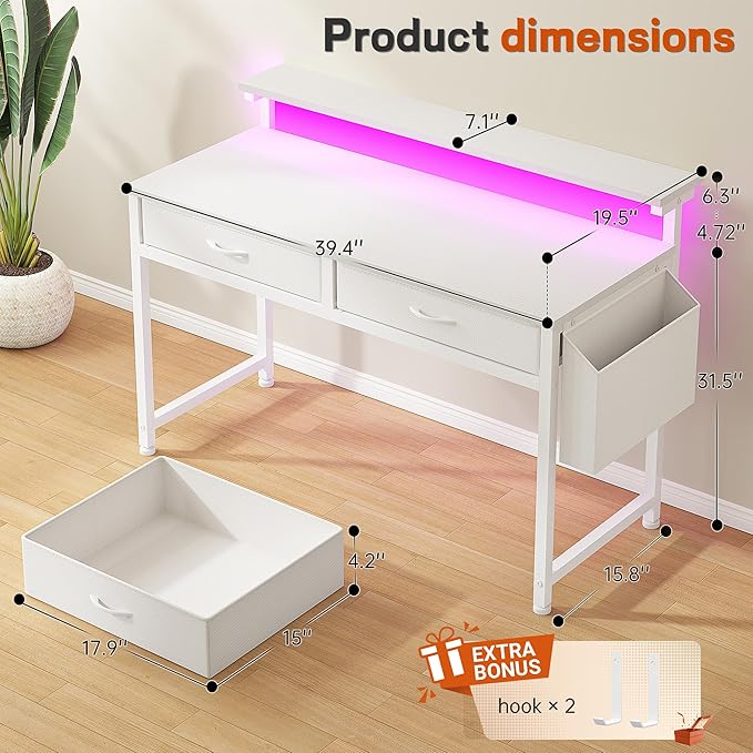 Computer Desk with 2 Drawers & LED Lights,39.4 Inch Home Office Desks with Side Pocket and Monitor Stand,Study Writing Table for Small Spaces,White