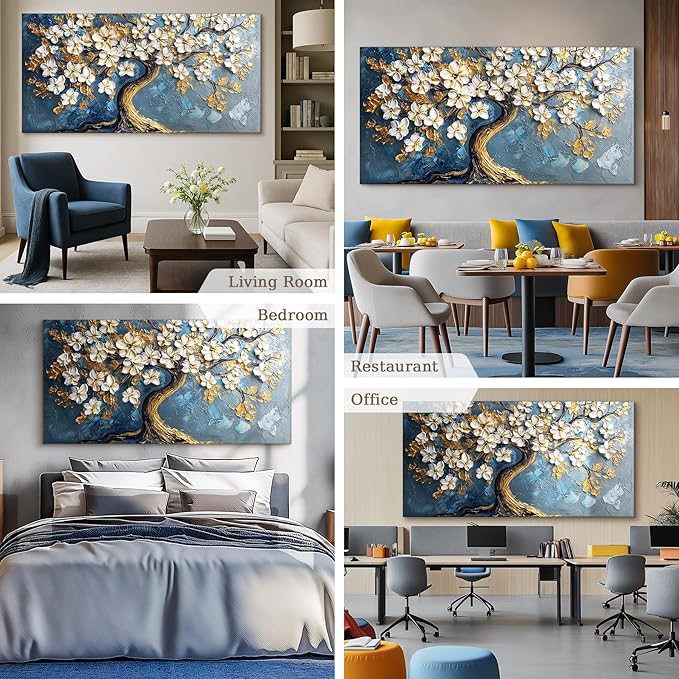 SERIMINO Gold Tree of Life Large Wall Art, Abstract Tree Oil Painting Art Prints, Cherry Blossom Flower Canvas Art Wall Decor, Modern Aesthetic Wall Pictures for Living Room Bedroom Office 29"X57"