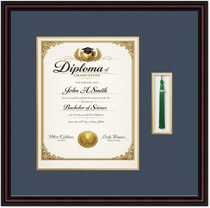 Diploma and Tassel Frame Fits 10 x 13 College Diploma (Portrait Traditio Executive Brown Genuine Hardwood Shadowbox with Navy Blue Over Metallic Gold Double mat