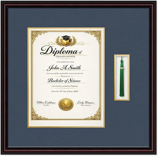 Diploma and Tassel Frame Fits 10 x 13 College Diploma (Portrait Traditio Executive Brown Genuine Hardwood Shadowbox with Navy Blue Over Metallic Gold Double mat