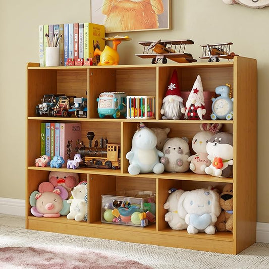 3-Tier Bookshelf, 8-Section Wooden Bookcase, Storage Organizer with Anti-Tilt Device, Modern Storage Display Cabinet for Living Room, Classroom, Kid’s Room (Natural), FJHL-011YE