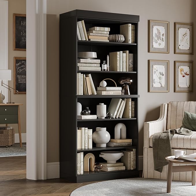 Palace Imports Solid Wood Bookcase - Stackable Modular 6-Tier Bookshelf - 71.5" Tall x 32" Wide - Black, Open Display Shelf for Living Room, Office, Renewable 100% Eco-Friendly Wood, Made in Brazil
