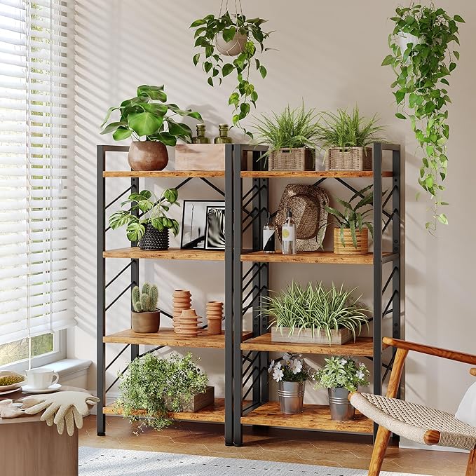 4 Tier Bookshelf, Industrial Bookcase with Metal Frame and Sidebars, Small Bookshelf for Bedroom, Home Office and Living Room, Rustic Brown