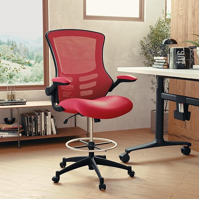 Flash Furniture Kelista Mid-Back Swivel Office Chair with Adjustable Seat Height, Ergonomic Mesh Desk Chair with Flip-Up Armrests, Red
