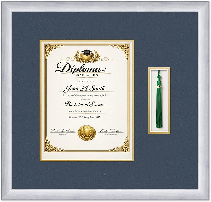 CountryArtHouse Diploma and Tassel Frame Fits 8.5 x 11 Certificate (Portrait) with TASS Stainless Silver Genuine Hardwood Shadowbox with Navy Blue Over Metallic Gold Double mat
