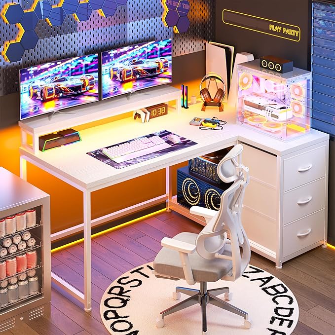 EnHomee L Shaped Gaming Desk with 3 Drawers & Power Outlet, 40Inch White Computer Desk with LED Lights Reversible Office Desk with Monitor Stand for Gaming,Study Room,Home Office,Bedroom,White