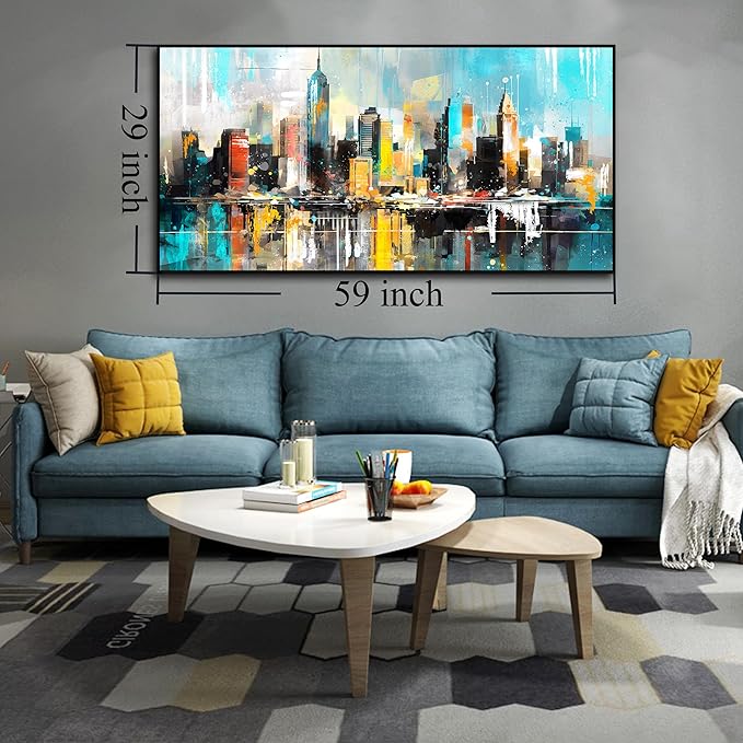 LAOTOART Cityscape Abstract Wall Art for Living Room - Blue Wall Decor - Modern Wall Art Framed Ready to Hang Size 29" x 59"