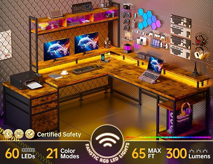 EnHomee 64 x 60 Inches L Shaped Desk with Hutch and Drawers, Gaming Desk with Power Outlet & Monitor Stand & LED Lights, Computer Corner Desk, Two Person Office Desk for Living, Bedroom, Rustic Brown