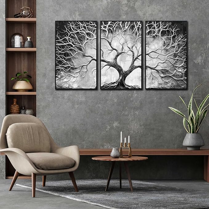 Large Framed Wall Art Bedroom - Tree Pictures Wall Decor - 3 Piece Abstract Wall Art with Black Frame Ready to Hang Size 24" x 36" x 3 Panels