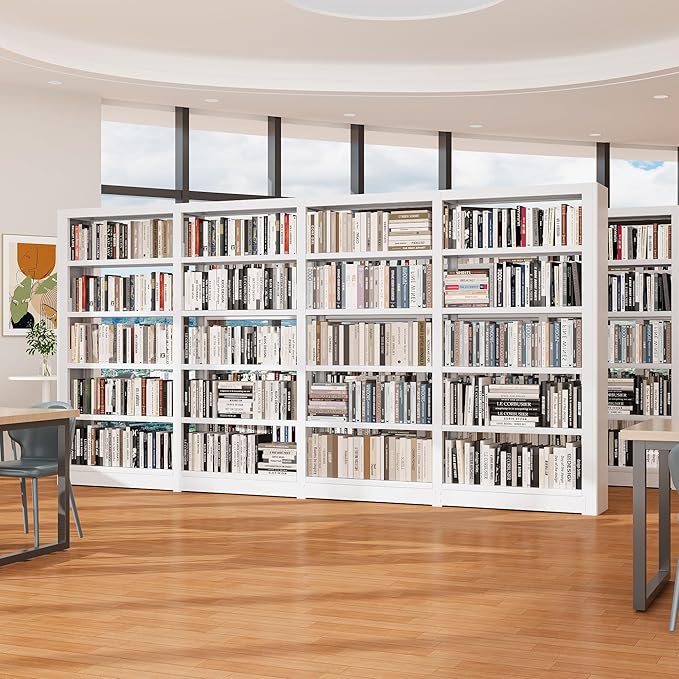 Industrial 5-Tier White Metal Bookshelf - Tall Freestanding Organizer for Living Room, Bedroom & Home Office
