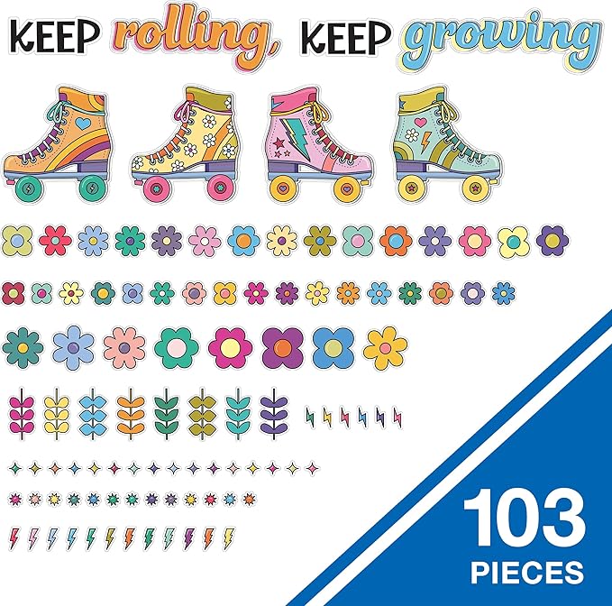 Happily Ever Elementary Retro Remix 103-Piece Motivational Bulletin Board Set, Roller Skates, Flowers, and More Groovy Bulletin Board Decorations for Classroom Decor