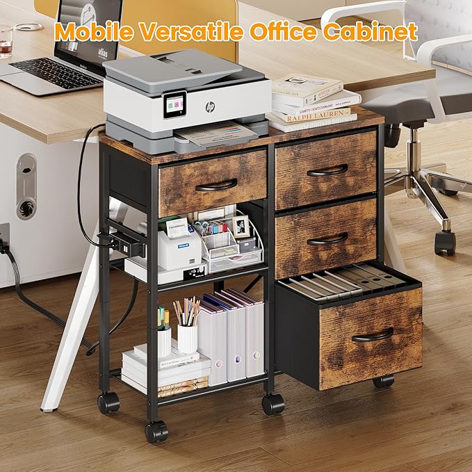 4 Drawer File Cabinet with Charging Station, Rolling Printer Stand Table with Open Storage Shelf, Mobile Fabric Filing Cabinet for Home Office, Rustic Brown
