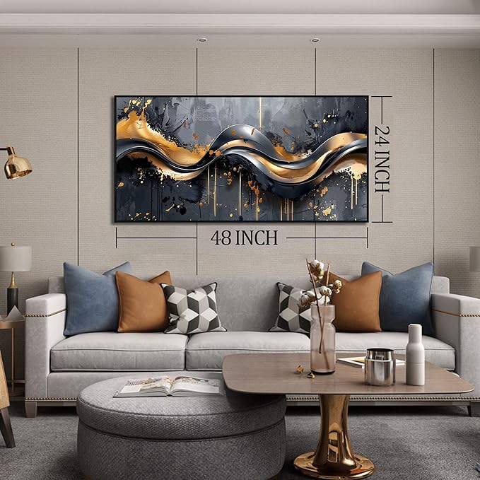 Gold Canvas Wall Art Black Artwork Large Abstract Wall Decorations Modern Pictures for Bedroom Living Room 24"x 48"