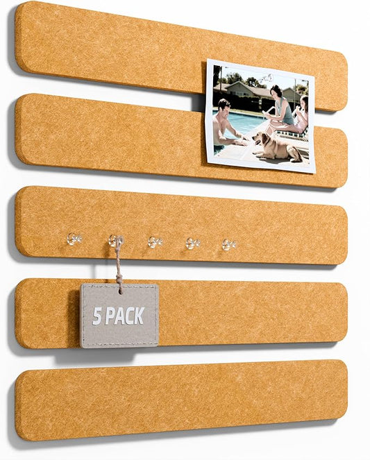 Fluxynara Cork Board Alternative Felt Strip Board 5-Pack 13"x2", Office Pin Board with 35 Push Pins, Adhesive Install for Bedroom Door & Home Office(Sunset Yellow)