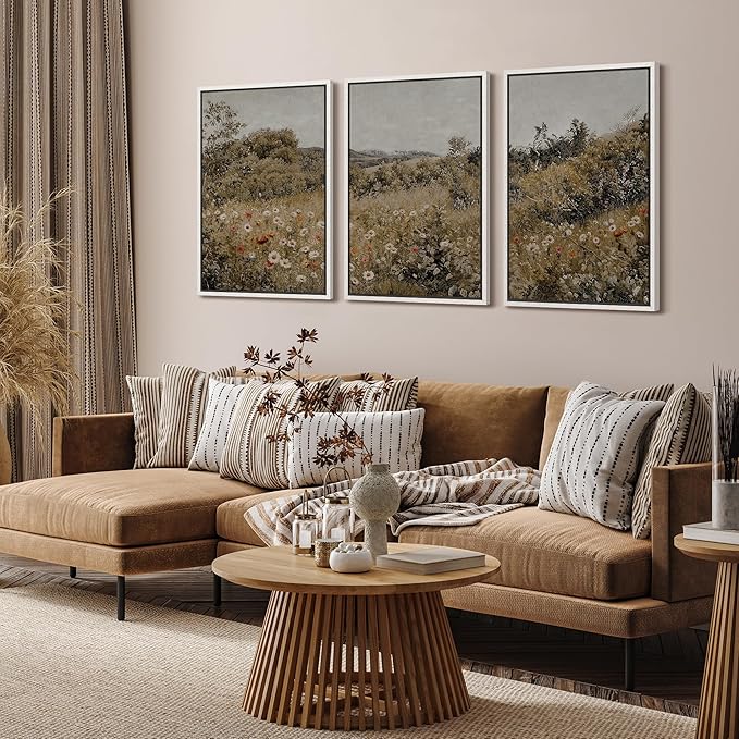 SIGNFORD Framed Wall Art Print Set Summer Wildflower Lush Floral Landscape Illustrations Modern Decorative Multicolor Relax/Calm Chic for Living Room, Bedroom, Office - 16"x24"x3 White