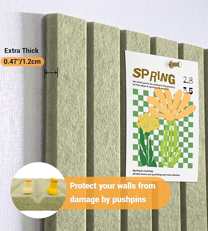 1/2" Thick Cork Board for Office, 6 Pack Felt Wall Tiles -28"x18" with Safe Adhesive Tabs, Large Bulletin Board, Push Pin Board Organizer Wall - Sage Green