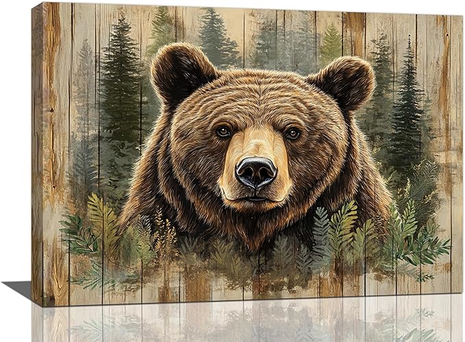 Farmhouse Bear Wall Art Rustic Forest Pictures Decor Woodland Wildlife Painting Canvas Print Modern Home Decoration Artwork for Living Room Bathroom Bedroom Office Framed 24"x16"