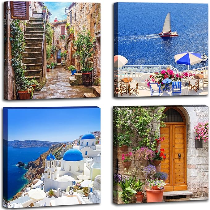 Santorini Greece Canvas Wall Art, Nature Landscape Pictures Print Rustic Scenic Paintings for Bedroom Living Room Office, Wall Decor Modern Artwork