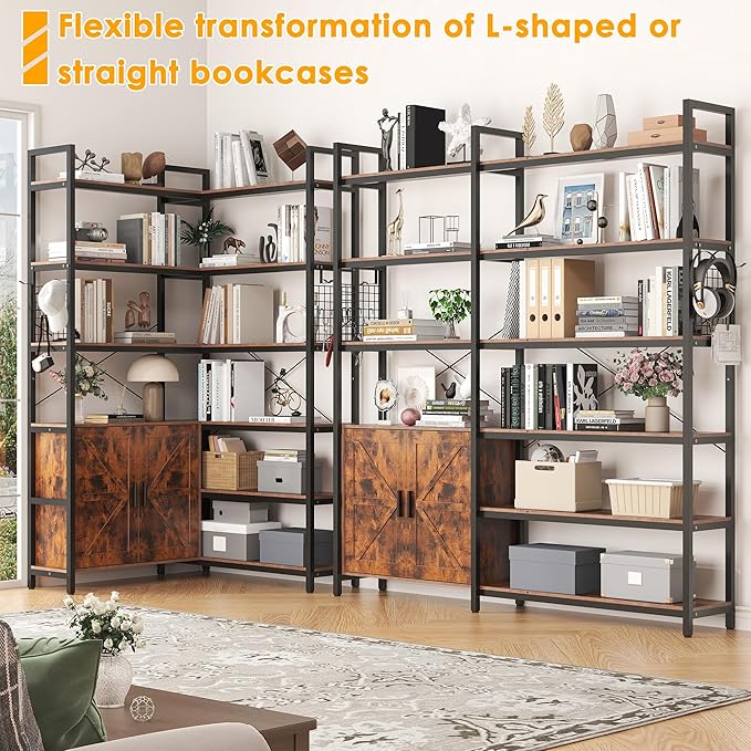 Semoic 6-tire Farmhouse Corner Book Shelf with 2 Barn Doors and 10 Storage Shelves, 71.3" Tall Convertible Etagere Bookcase with Storage Cabinet, Large L Shaped Bookshelf for Living Room(Rustic Brown)