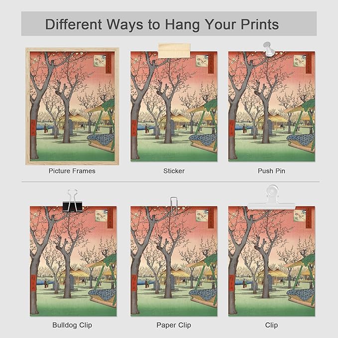 SIGNWIN Poster Wall Art Set of Koinobori The Carp Fish, Plum Park Landscape with 2 Cranes from One Hundred, Plum Blossom in Garden for Living Room, Bedroom, Office - 8"x10"x 8