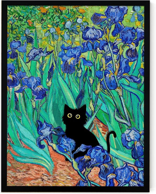Fantasy Artists Van Gogh Irises Cat Wall Art, Framed Vintage Garden Canvas Wall Decor, Funny Black Cat Poster Prints, Paintings,Bathroom,bedroom,Living Room Artwork Decorations 12" Wide X 16" Height