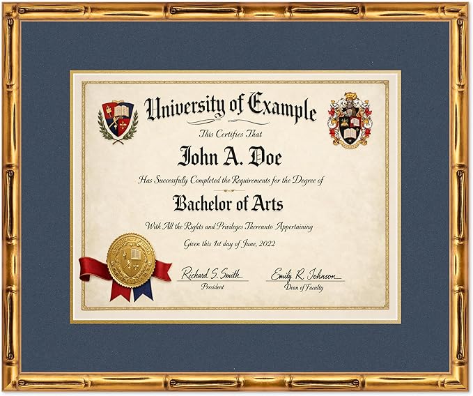 CountryArtHouse Diploma Frame Fits 17 x 13 International Diploma - Keepsake Graduation Display Gold Bamboo Genuine Hardwood with Navy Blue Over Metallic Gold Double mat