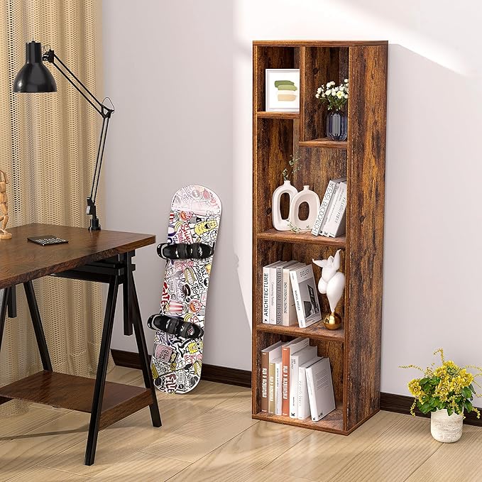 VECELO 4-Tier Bookcase, Modern Storage Cabinet with Height Difference Shelves for Standard Textbooks, 5 Cubes, Vertical or Horizontal, Easy Assembly, Rustic Brown