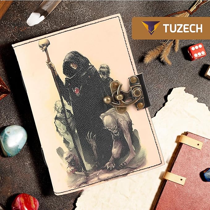 TUZECH Book of Spells Leather Bound Journal Deckle Edge Paper Grimoire Printed Diary Third Eye witchcraft supply and Witch Spell Notebook Antique Vintage Book for Men and Women (Dark Wizard)