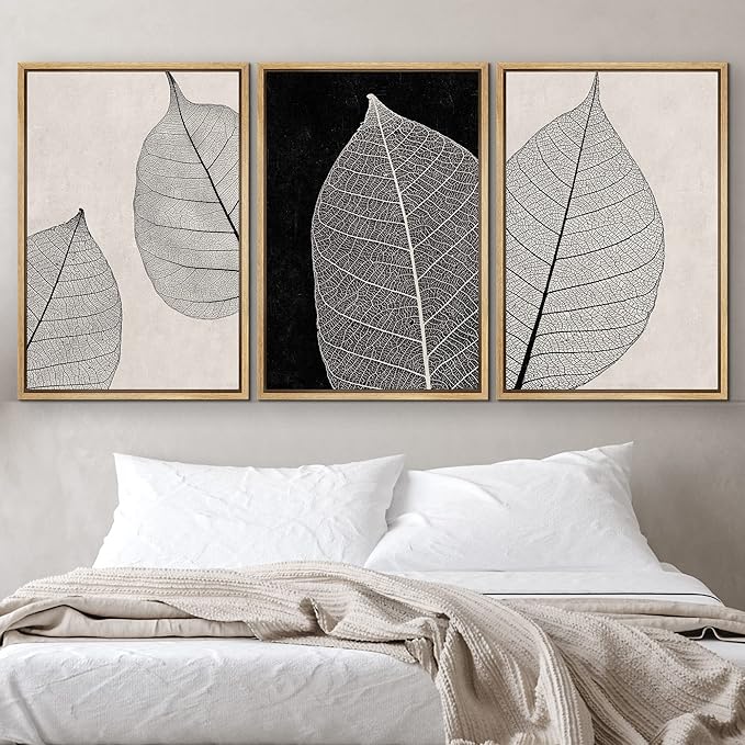IDEA4WALL Framed Canvas Print Wall Art Set Tan Black Forest Plant Leaf Close Up Details Abstract Shapes Illustrations Modern Art Decorative Nordic for Living Room, Bedroom, Office - 16"x24"x3 Natural