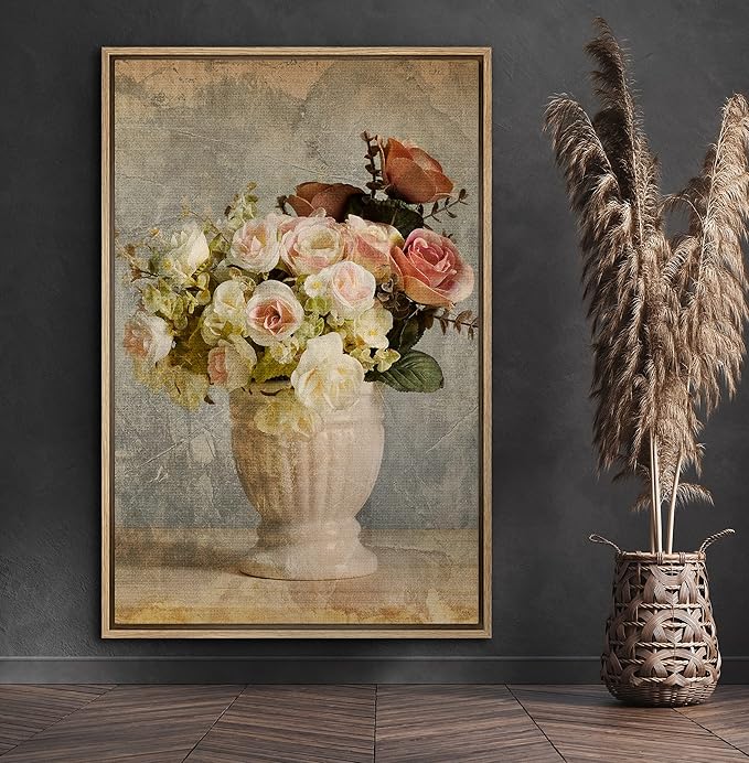 SIGNFORD Canvas Print Wall Art Vintage Pink & White Roses in Vase Floral Plants Photography Modern Art Rustic Colorful Multicolor Warm for Living Room, Bedroom, Office - 16"x24" Natural