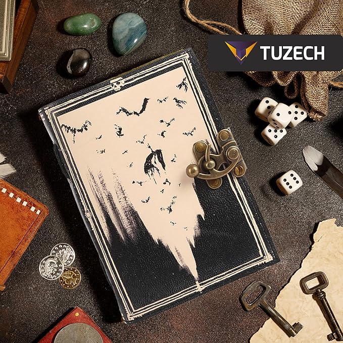 TUZECH Book of Spells Leather Bound Journal Deckle Edge Paper Grimoire Printed Diary Third Eye witchcraft supply and Witch Spell Notebook Antique Vintage Book for Men and Women (The Necromancy)